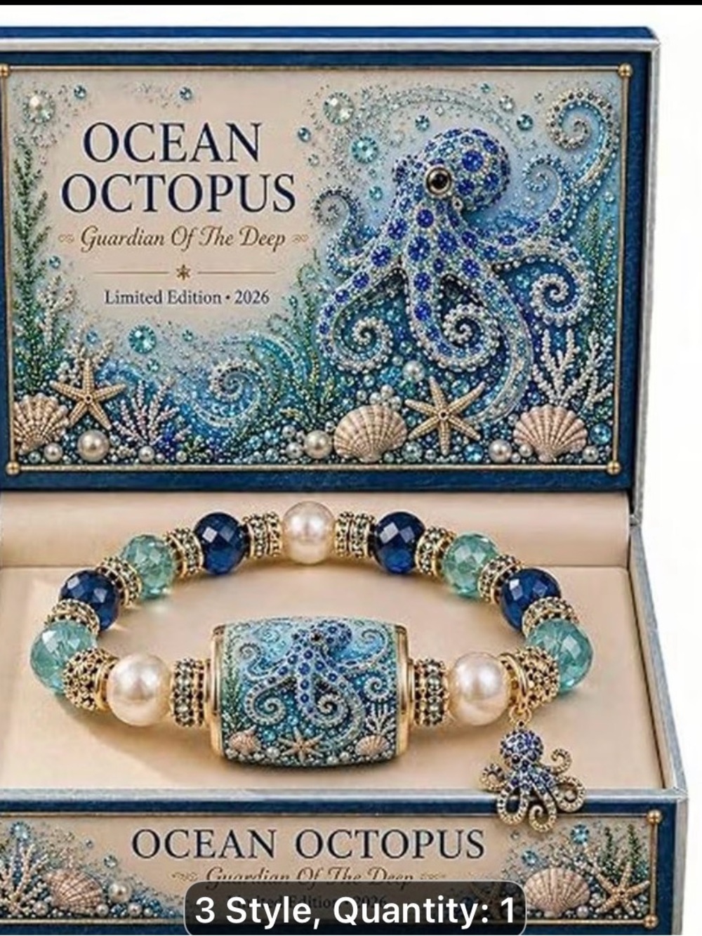 Ocean Octopus Blue Pearl Stretch Bracelet by